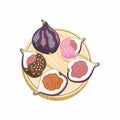 Vector illustration of slices of figs and a whole fig fruit on a wooden board.